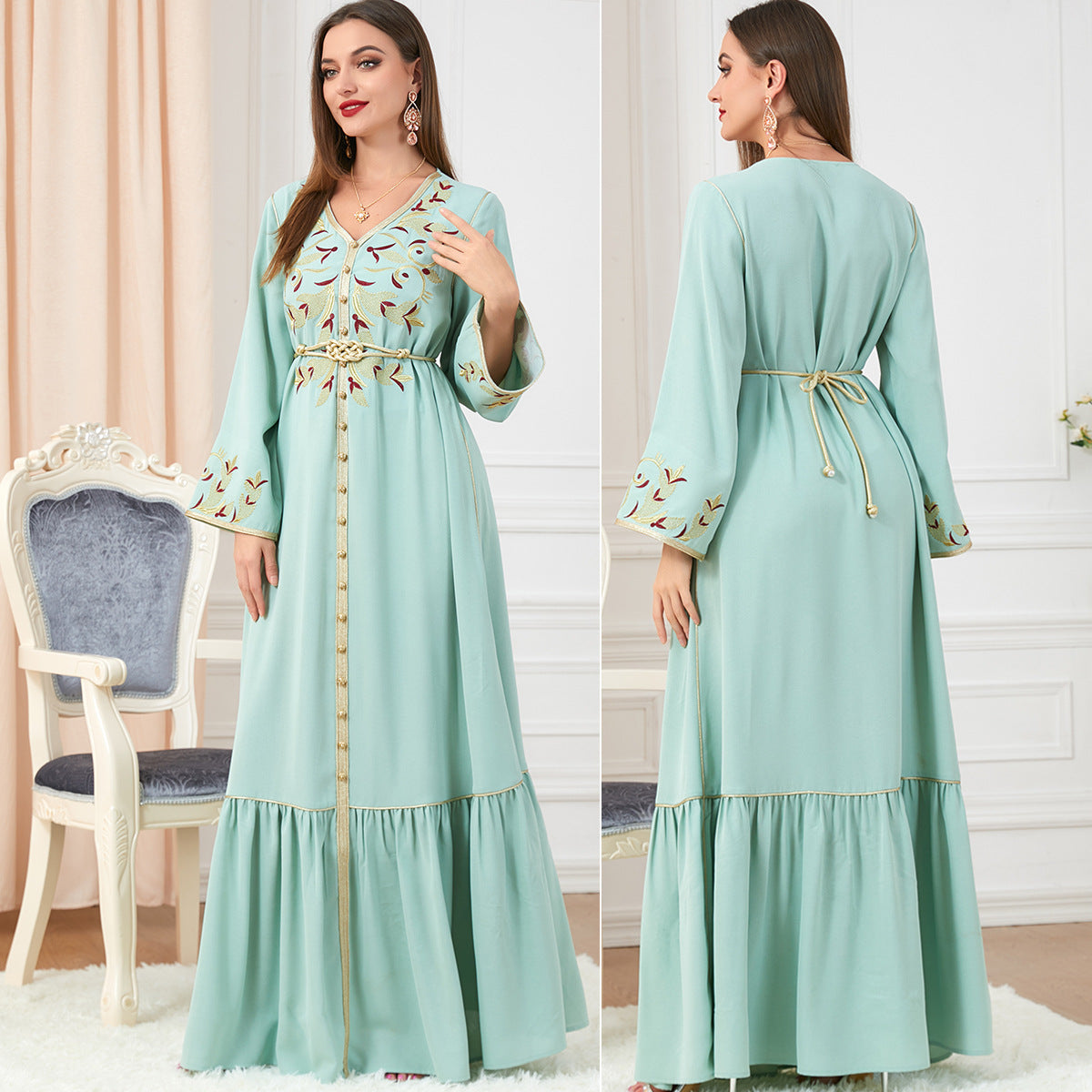 Dress Embroidery Round-neck Long-sleeved Dress