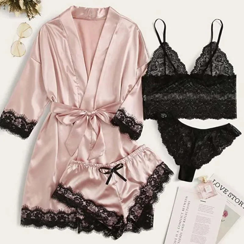 Midnight Bloom Satin Lingerie & Robe Set (4‑Piece)