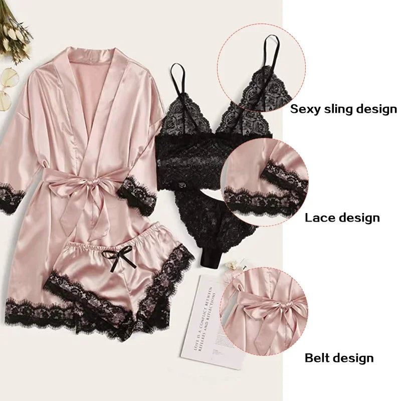 Midnight Bloom Satin Lingerie & Robe Set (4‑Piece)