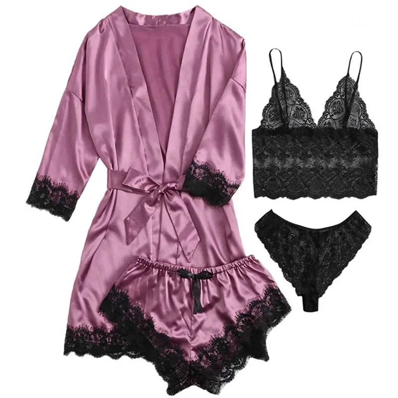 Midnight Bloom Satin Lingerie & Robe Set (4‑Piece)