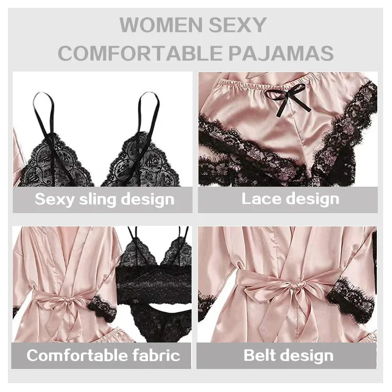 Midnight Bloom Satin Lingerie & Robe Set (4‑Piece)