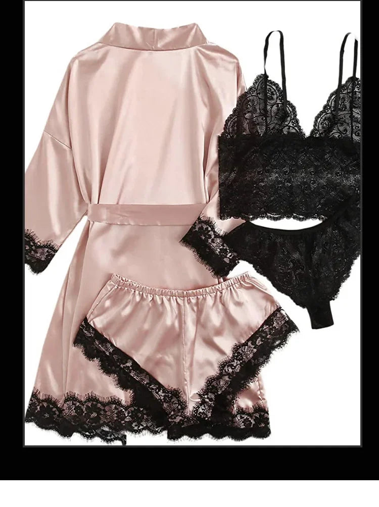 Midnight Bloom Satin Lingerie & Robe Set (4‑Piece)