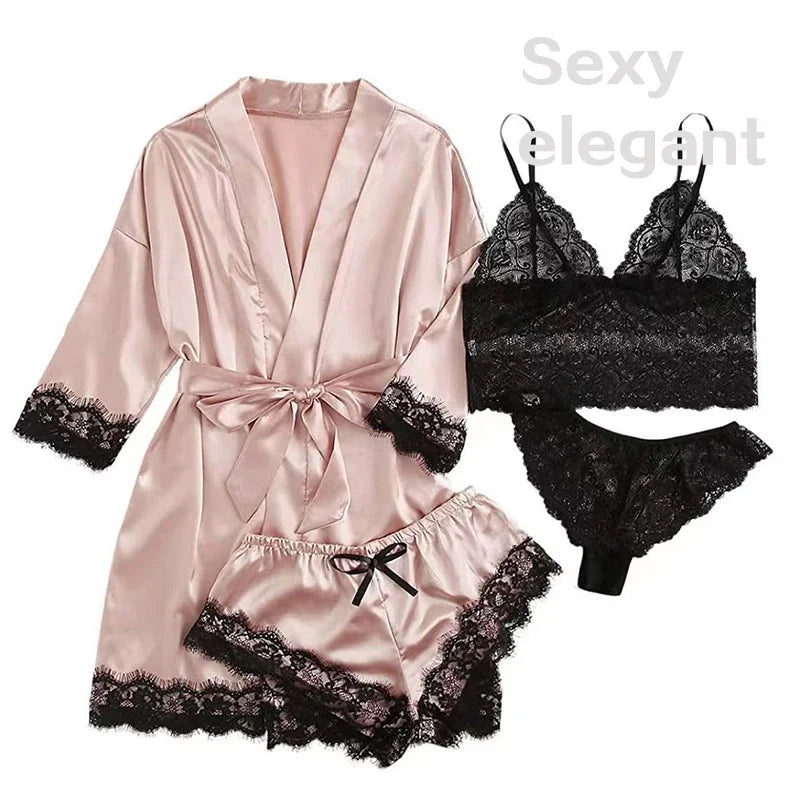 Midnight Bloom Satin Lingerie & Robe Set (4‑Piece)