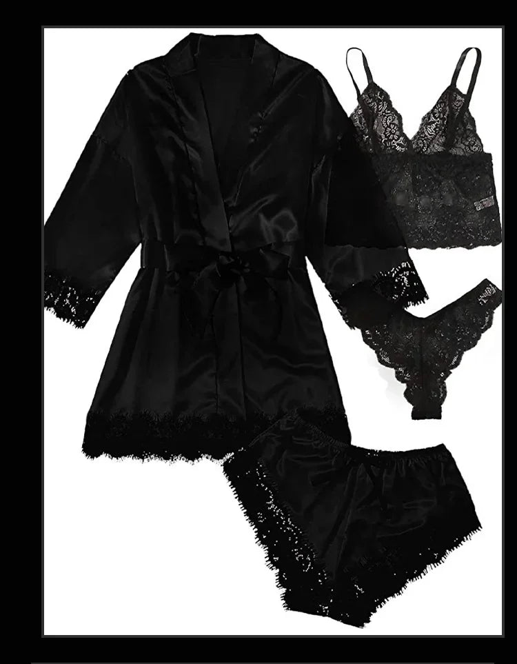 Midnight Bloom Satin Lingerie & Robe Set (4‑Piece)