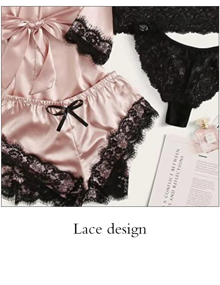 Midnight Bloom Satin Lingerie & Robe Set (4‑Piece)