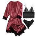 Midnight Bloom Satin Lingerie & Robe Set (4‑Piece)
